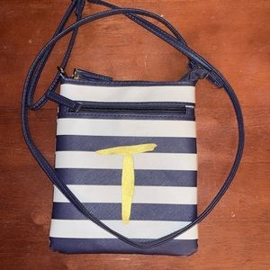 Navy white striped crossbody purse, gold initial “T”
